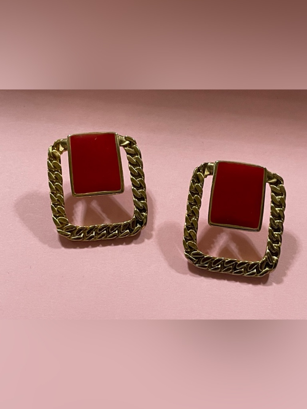 Vintage Gold Tone Red Enamel Gold Tone Pierced Earrings #9671